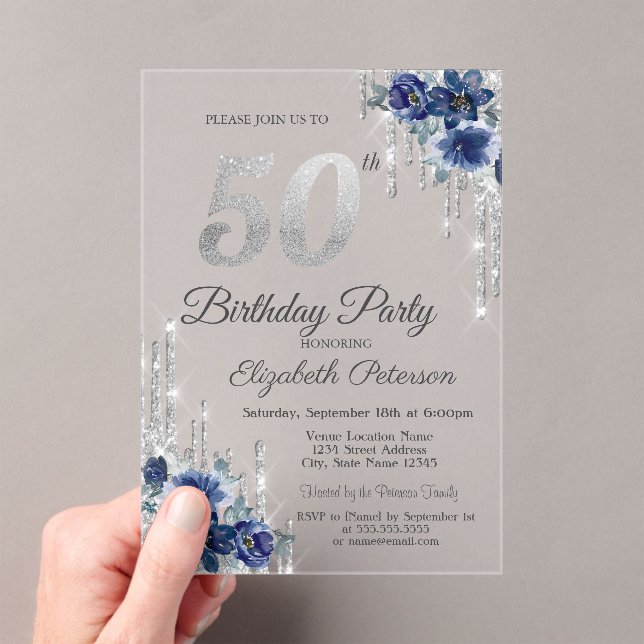 Invitations En Acrylique Bleu Fleurs Parties scintillant argent gouttes 50e (In situ (ordinateur de poche))