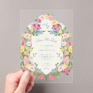 Invitations En Acrylique Bleu Français Floral Vintage Crest Enregistrer la 