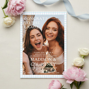 Invitations En Acrylique Bleu Gingham Deux Diplômés Photo Fête de Remise de