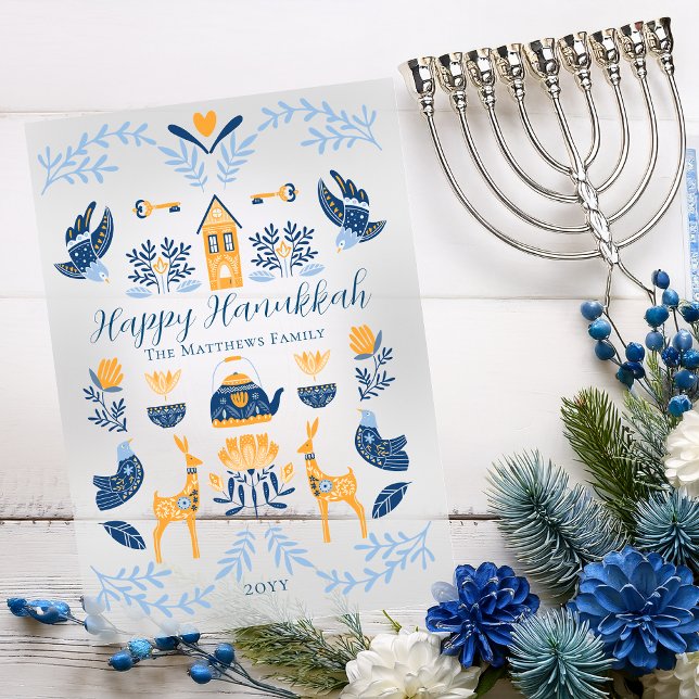 Invitations En Acrylique Bleu hybride | Unique Jaune Hanoukka (Hygge Style Blue and Golden Yellow Unique "Happy Hanukkah" Acrylic Greeting Card)