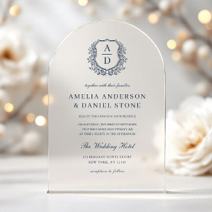 Invitations En Acrylique Bleu marine monogramme élégant à armoiries florale