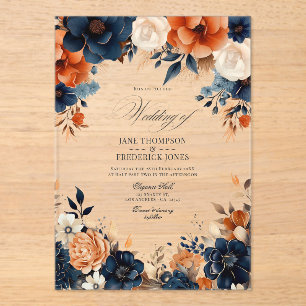 Invitations En Acrylique Bleu marine, orange brûlé et Mariage de fleurs de