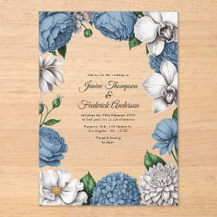 Invitations En Acrylique Bleu Poussiéreux et Gris Doux Mariage Botanique Mo