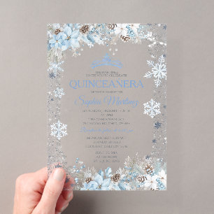 Invitations En Acrylique Bleu Poussiéreux Noël Floral Flocon de Neige Quinc