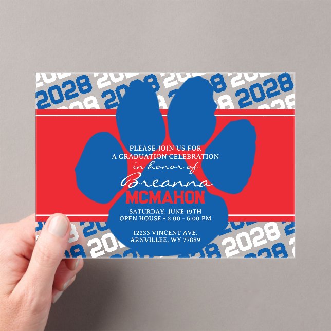 Invitations En Acrylique Bleu, rouge et blanc Pawprint Graduation Frosted (In situ (ordinateur de poche))