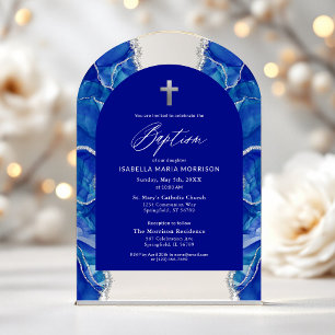 Invitations En Acrylique Bleu Royal Argent Agate Baptême Moderne Élégant