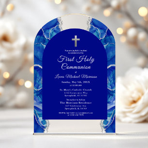 Invitations En Acrylique Bleu Royal Argent Première Sainte Communion Élégan