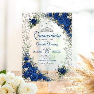 Invitations En Acrylique Bleu Royal et Roses Quinceañera Argentées