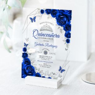 Invitations En Acrylique Bleu Royal Fleurs Argent Quinceanera