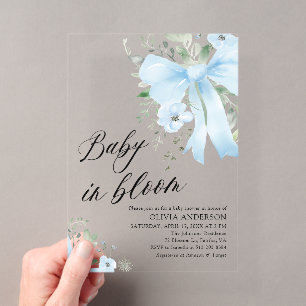 Invitations En Acrylique Blue Bow Baby in Bloom Floral Boy Baby shower