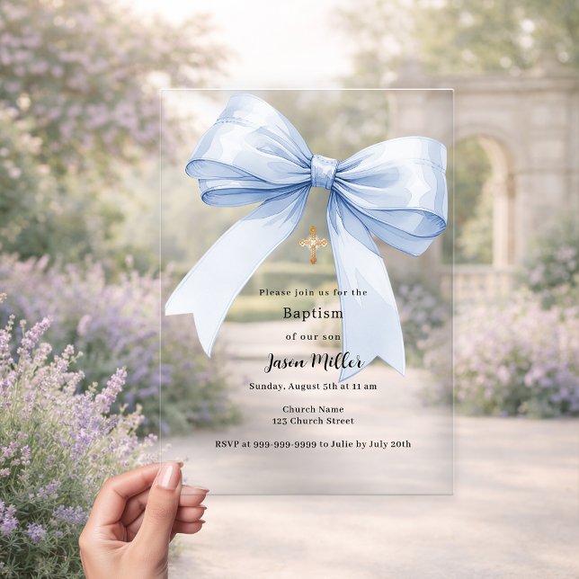 Invitations En Acrylique Blue bow crème garçon Baptême clair (Créateur téléchargé)