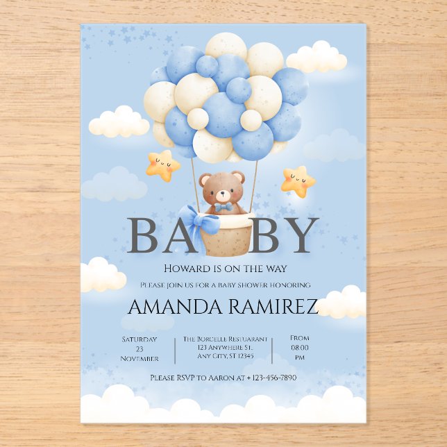 Invitations En Acrylique Blue & Cream Elephant Baby Boy Douche (Recto)