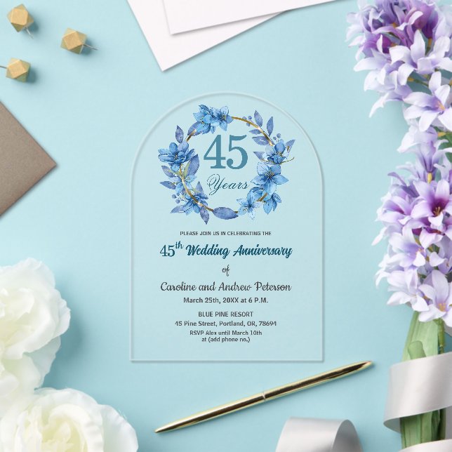 Invitations En Acrylique  Blue Floral Gold Frame 45th Wedding Anniversary  (Insitu (Mariage))