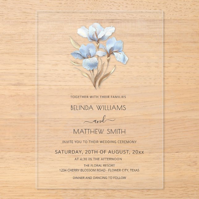 Invitations En Acrylique Blue Gold 3D Flowers  (Recto)