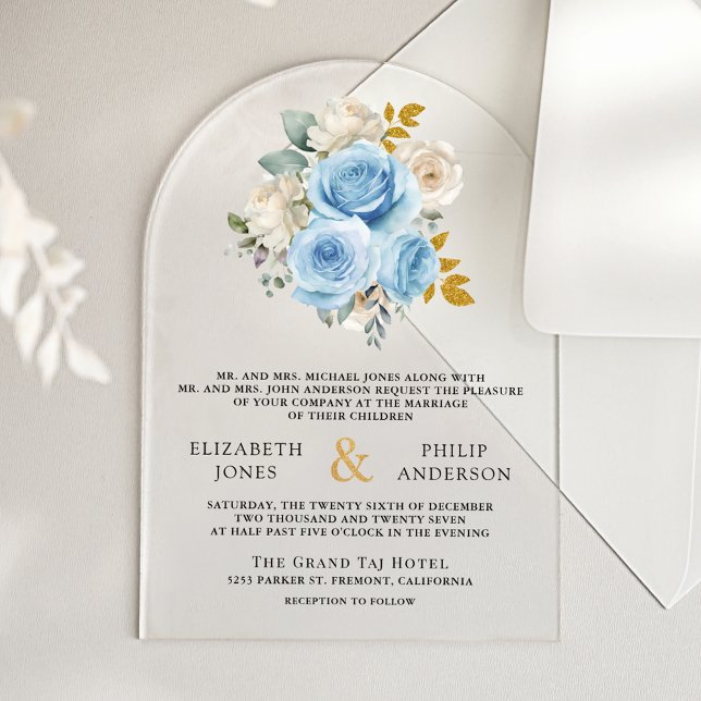 Invitations En Acrylique Blue Gold Ivory Floral Roses Wedding (Créateur téléchargé)