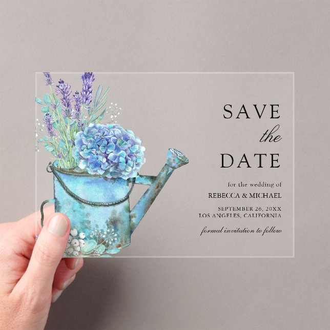 Invitations En Acrylique Blue Hydrangea Lavender Wedding Enregistrer la dat (In situ (ordinateur de poche))