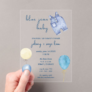 Invitations En Acrylique Blue Jean Baby   Baby shower moderne   ballons gon