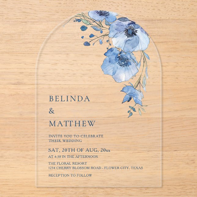 Invitations En Acrylique Blue Watercolor Flowers White (Recto)