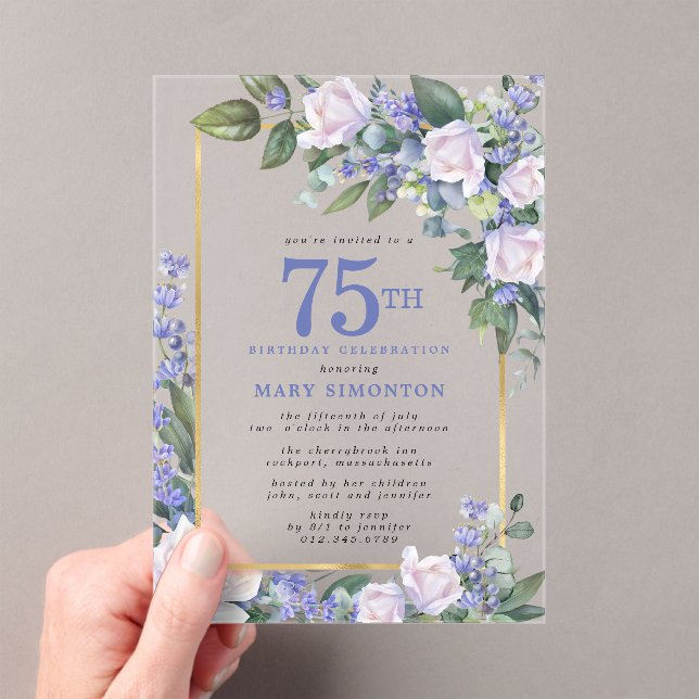 Invitations En Acrylique Blue White Gold Floral 75e anniversaire (In situ (ordinateur de poche))