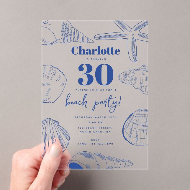 Invitations En Acrylique Blue White Sea Shells Beach Summer Anniversaire (In situ (ordinateur de poche))