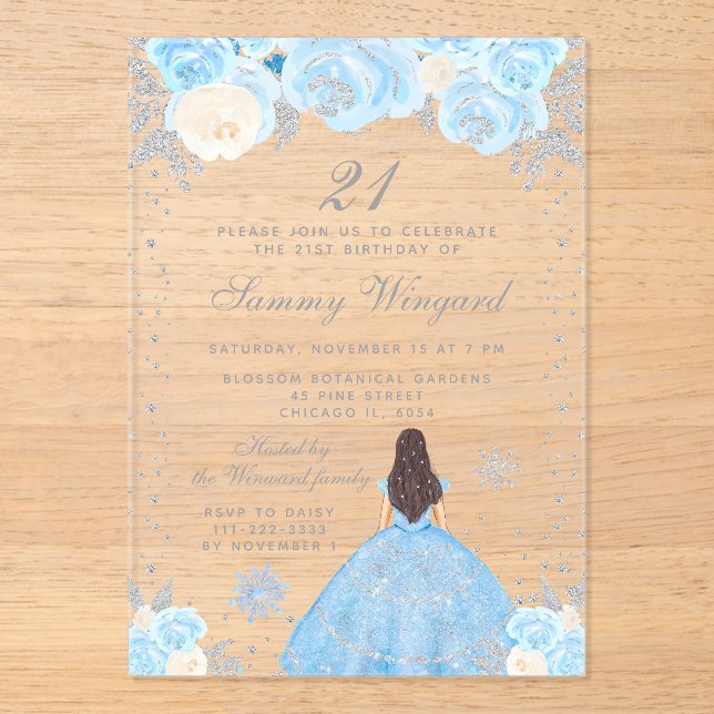 Invitations En Acrylique Blue Winter Brunette Hair Princesse Anniversaire (Recto)
