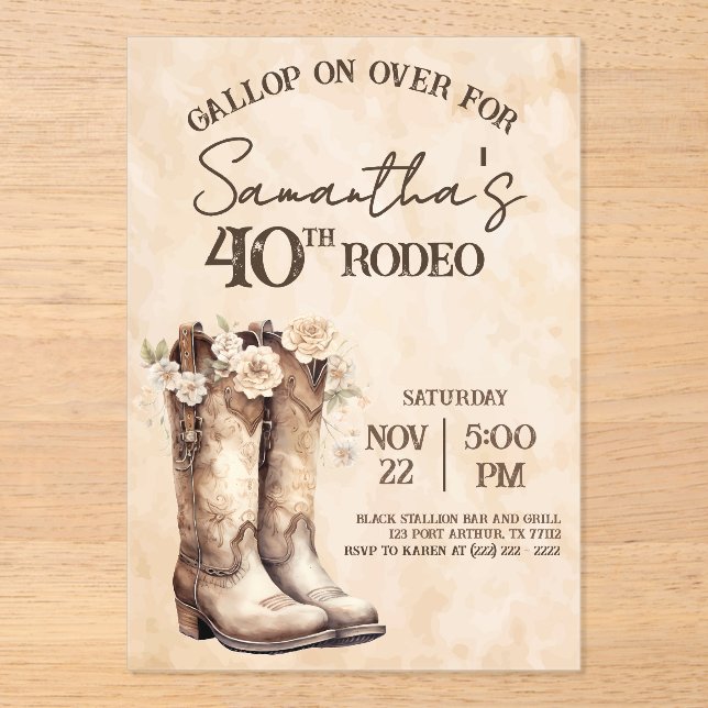 Invitations En Acrylique Blush and Boots 40th Rodeo Western Birthday (Recto)