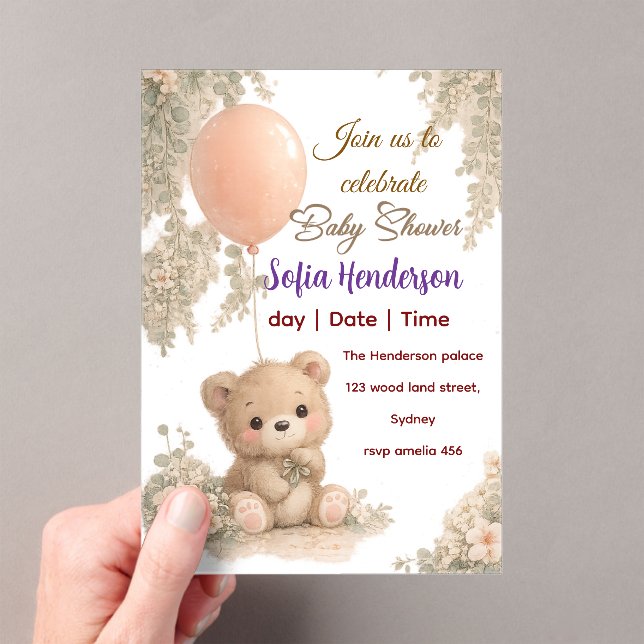 Invitations En Acrylique Blush  Bear Soft Water colour floral baby shower (In situ (ordinateur de poche))