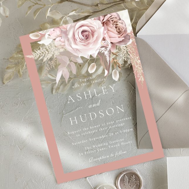 Invitations En Acrylique Blush & Dusty Rose Border Floral Wedding  (Créateur téléchargé)
