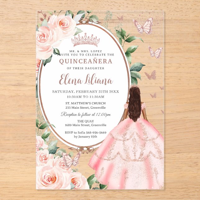 Invitations En Acrylique Blush Floral Brown Princess Rose Gold Quinceañera (Recto)