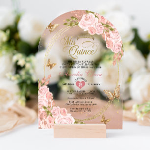 Invitations En Acrylique Blush Floral Rose Gold Papillon Arch Quinceañera