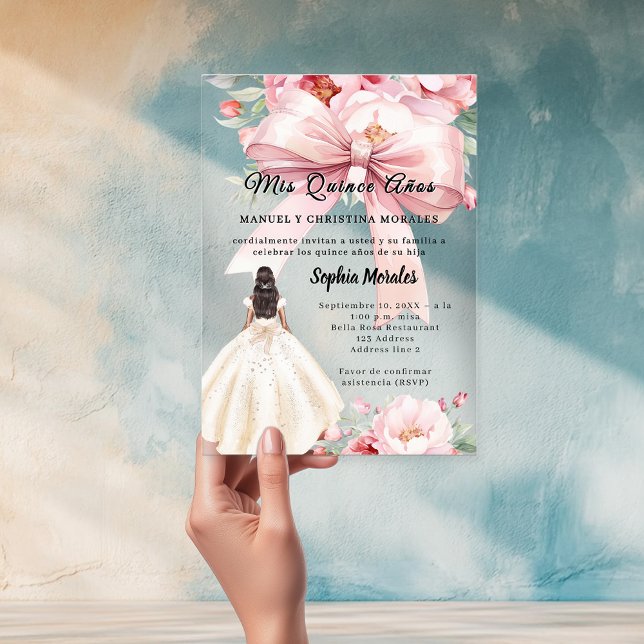 Invitations En Acrylique Blush pink bow florals dress Quinceanera clear (Créateur téléchargé)