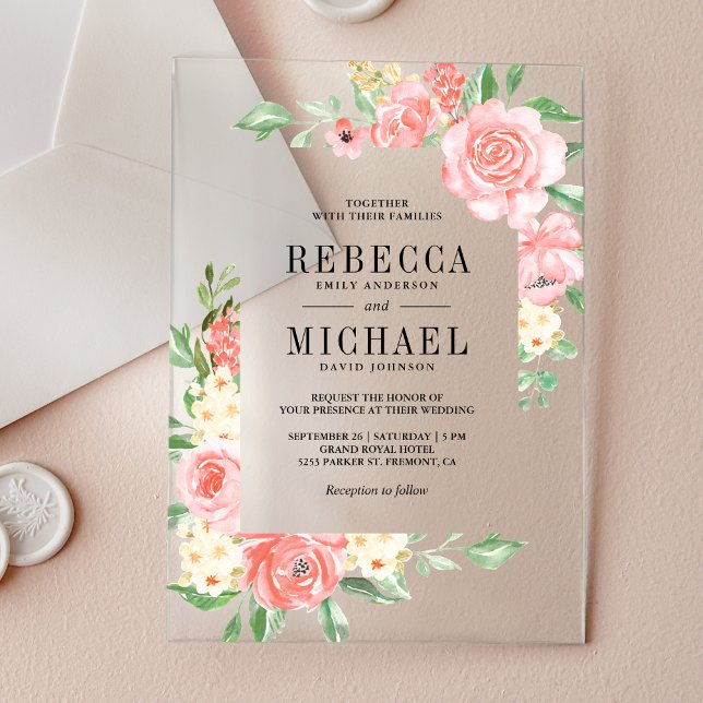 Invitations En Acrylique Blush Pink Floral Bloom Roses Wedding (Créateur téléchargé)
