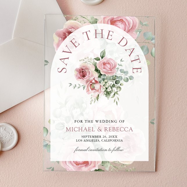 Invitations En Acrylique Blush Pink Floral Eucalyptus Wedding Save the Date (Créateur téléchargé)