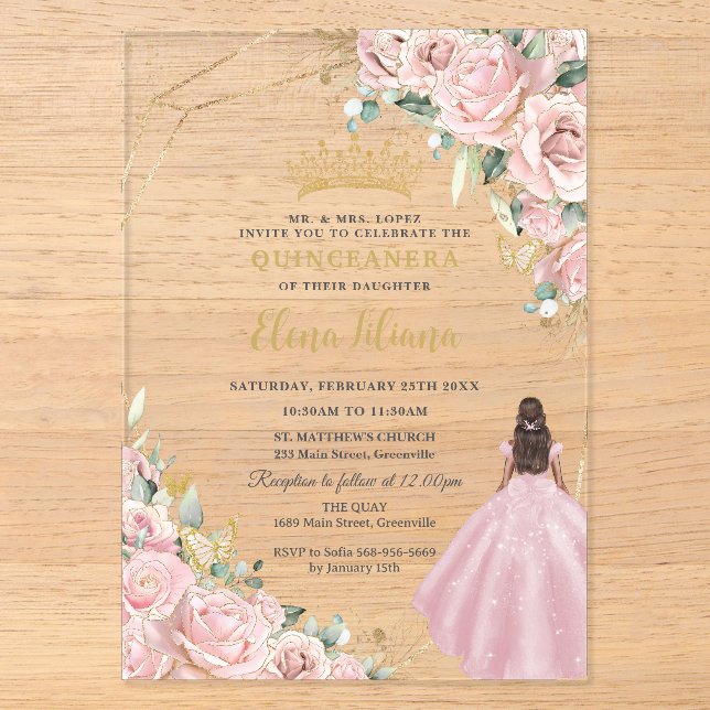 Invitations En Acrylique Blush Pink Floral Princess Gold Quinceanera 15 XV (Recto)