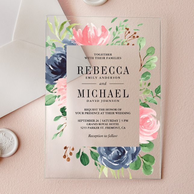 Invitations En Acrylique Blush Pink Navy Blue Floral Wedding (Créateur téléchargé)