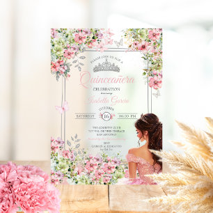 Invitations En Acrylique Blush Rose et Papillon Floral Vert Quinceañera