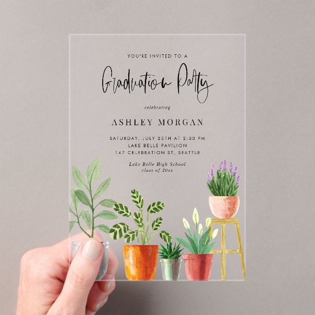 Invitations En Acrylique Boho Aquarelle Poted Houseplants Graduation (In situ (ordinateur de poche))