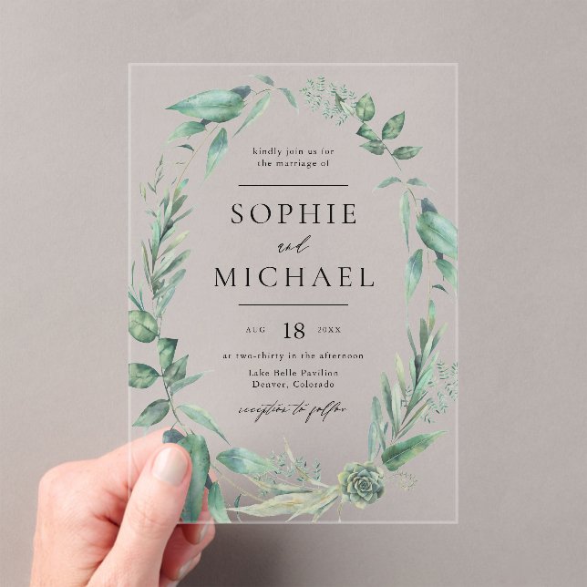Invitations En Acrylique Boho Aquarelle Verdure et Mariage Succulents (In situ (ordinateur de poche))