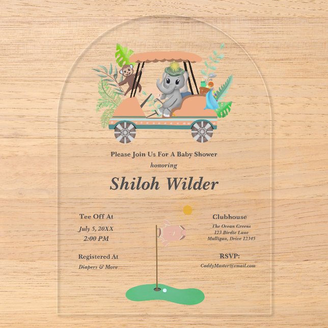 Invitations En Acrylique Boho Baby Elephant & Monkey Golf Baby shower (Recto)