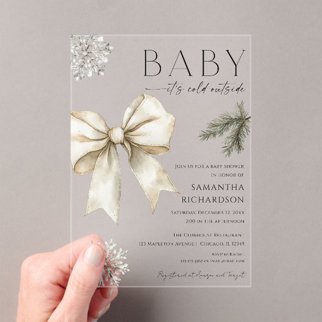 Invitations En Acrylique Boho Baby it's cold outside coquette bow shower (In situ (ordinateur de poche))