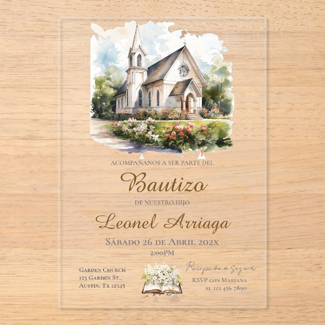 Invitations En Acrylique Boho Baptism in Spanish with church 