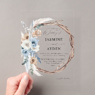 Invitations En Acrylique Boho bleu et beige Mariage de couronnes florales