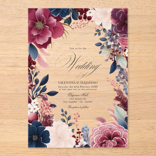 Invitations En Acrylique Boho Burgundy et Navy Rustic Floral Mariage (Recto)
