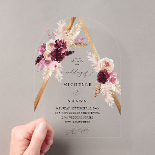 Invitations En Acrylique Boho Cadre rose Pampas Grass Floral Mariage Arch