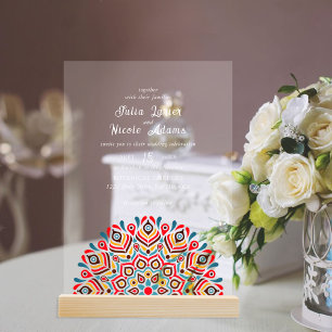 Invitations En Acrylique Boho coloré moderne ethnique Floral Mandala Mariag