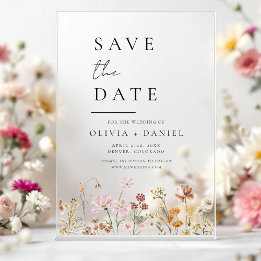 Invitations En Acrylique Boho fleur sauvage beige Enregistrer la date Minim