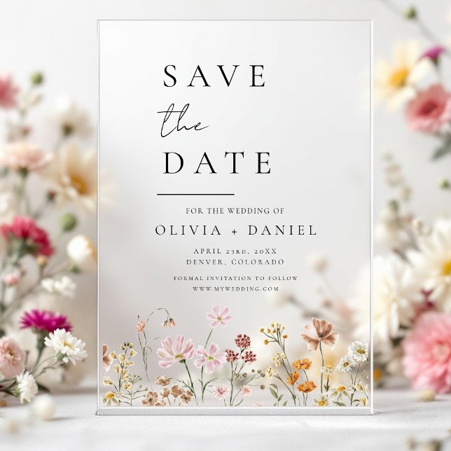 Invitations En Acrylique Boho fleur sauvage beige Enregistrer la date Minim (Créateur téléchargé)