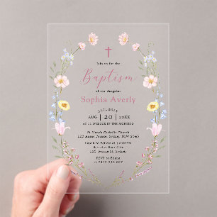Invitations En Acrylique Boho Fleur sauvage Floral Girl Baptême