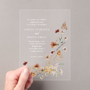 Invitations En Acrylique Boho Fleur sauvage Floral QR Code Photo Mariage