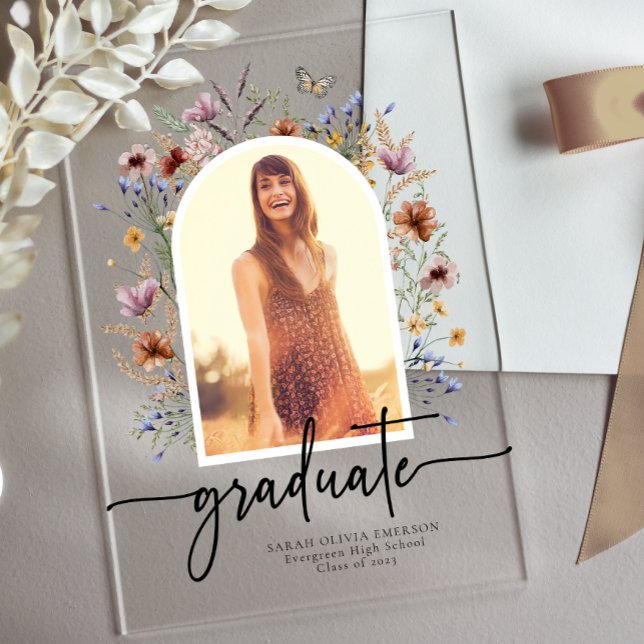Invitations En Acrylique Boho Fleur sauvage Graduate Photo Acrylique Invita (Boho Wildflower Graduate Photo Acrylic Invitations with Butterfly by Painted Paperie
)